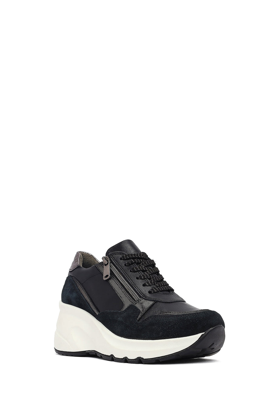Kadın Siyah Bağcıklı Fermuar Detaylı Dolgu Topuklu Deri Sneaker