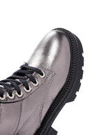 Women's Grey Zippered Metallic Leather Combat Boots | Derimod