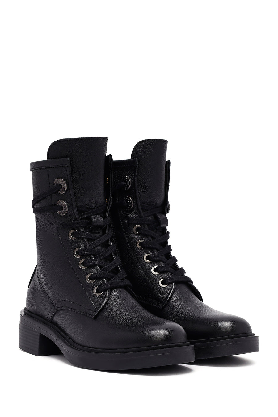 Women's Black Zippered Lace-Up Leather Ankle Boots