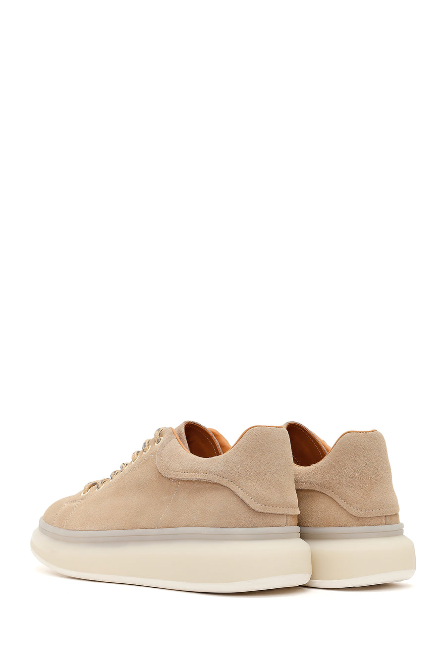 Men's Beige Lace-Up Thick-Sole Suede Leather Sneakers