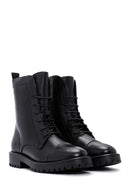 Women's Black Lace-Up Zipper Detailed Leather Combat Boots | Derimod