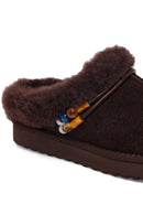 Woman Brown Stone-Embellished Suede Teddy Slipper | Derimod