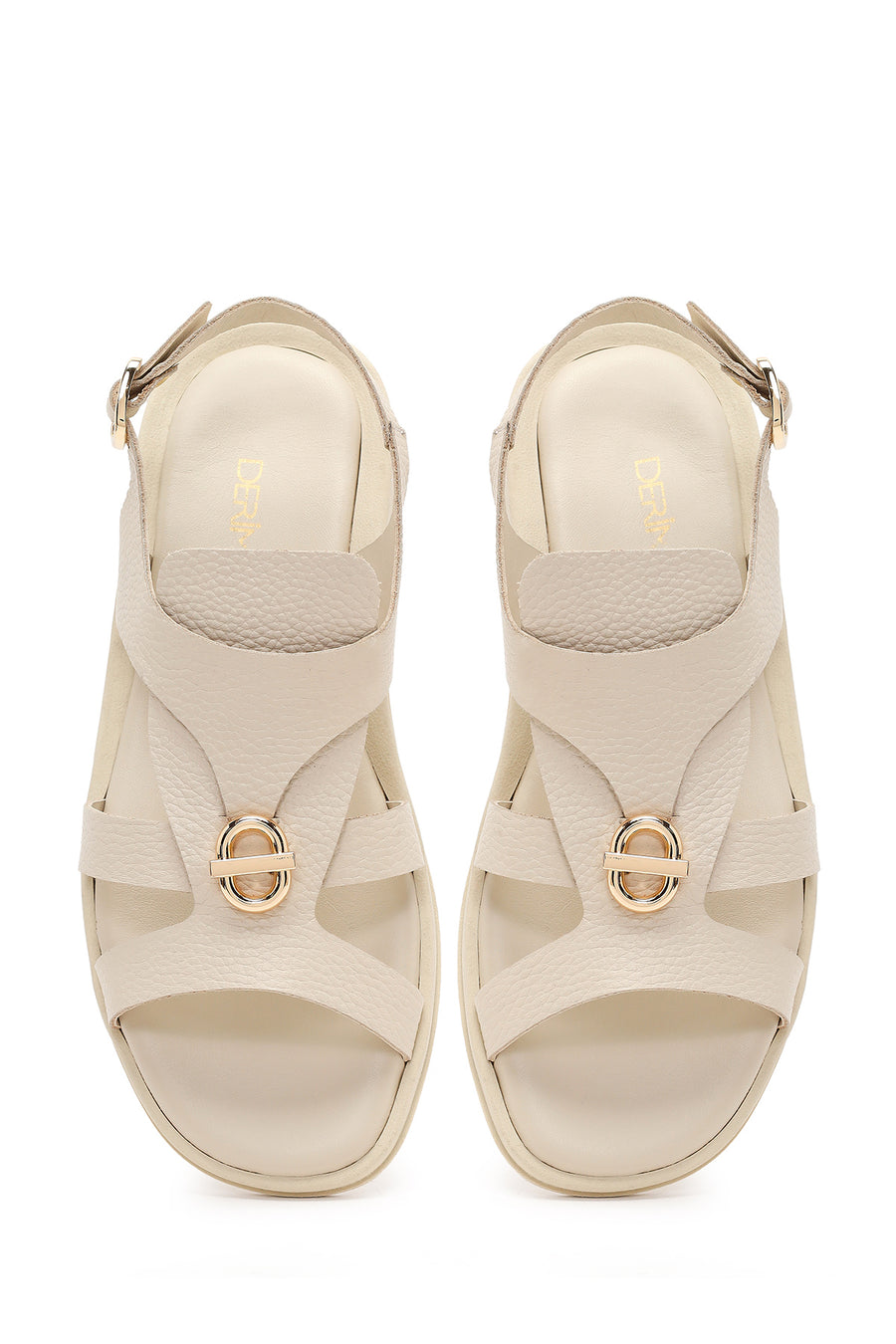 Women's Beige Leather Sandals with Buckle Back