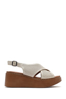 Women's Cream-Colored Ankle Buckle Platform Leather Comfort Sandals | Derimod