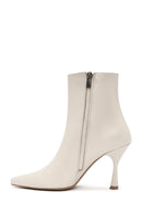 Women's Cream Zippered Thin Heel Leather Boots | Derimod