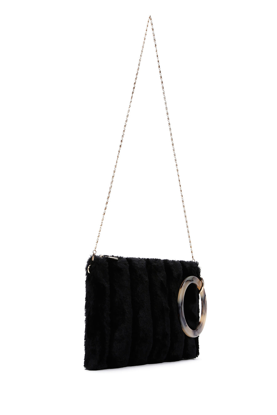 Women's Black Chain Strap Plush Clutch Bag