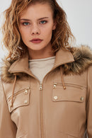 Monica Women's Beige Hooded Leather Coat with Fur Collar | Derimod