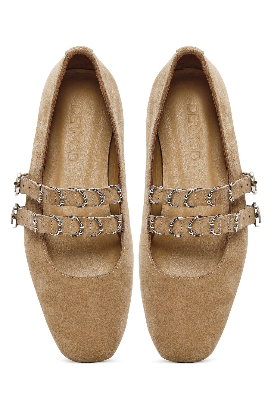 Women's Mink Double Buckled Suede Leather Ballerina