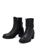 Women's Black Buckle Detailed Zippered Thick Heeled Leather Boots | Derimod