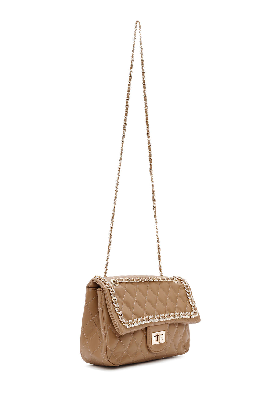 Women's Beige Long Strap Quilted Patterned Shoulder Bag