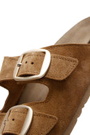 Women's Tan Suede Leather Double Buckle Flat Slippers | Derimod