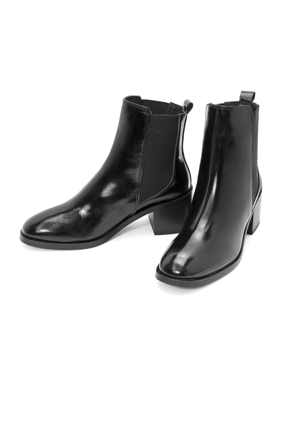 Woman Black Thick Heel Patent Leather Leather Chelsea Boots