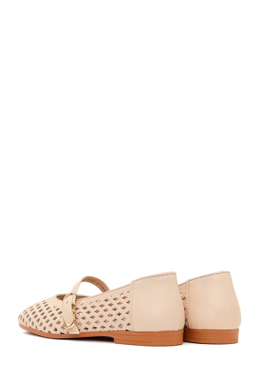 Women's Beige Buckled Leather Ballerinas