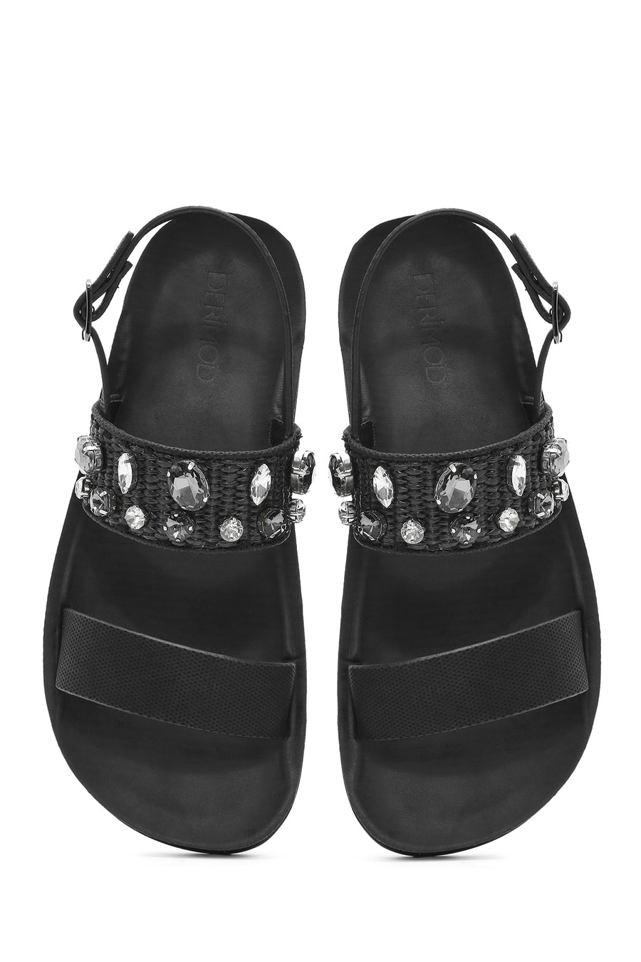 Women's Black Thick Soled Stoned Sandals