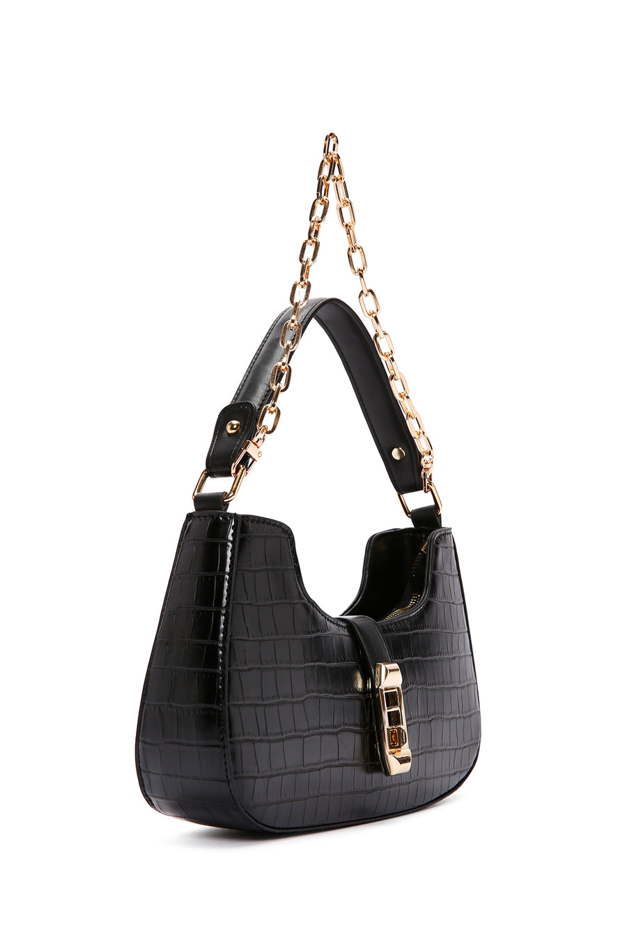 Women's Black Long Strap Crocodile Patterned Shoulder Bag