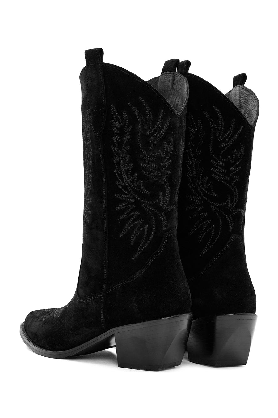 Women's Black Suede Leather Heeled Cowboy Boots