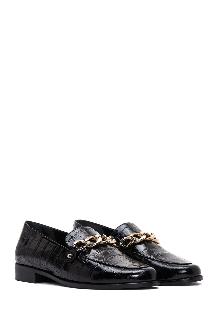 Women's Black Leather Crocodile Classic Loafer