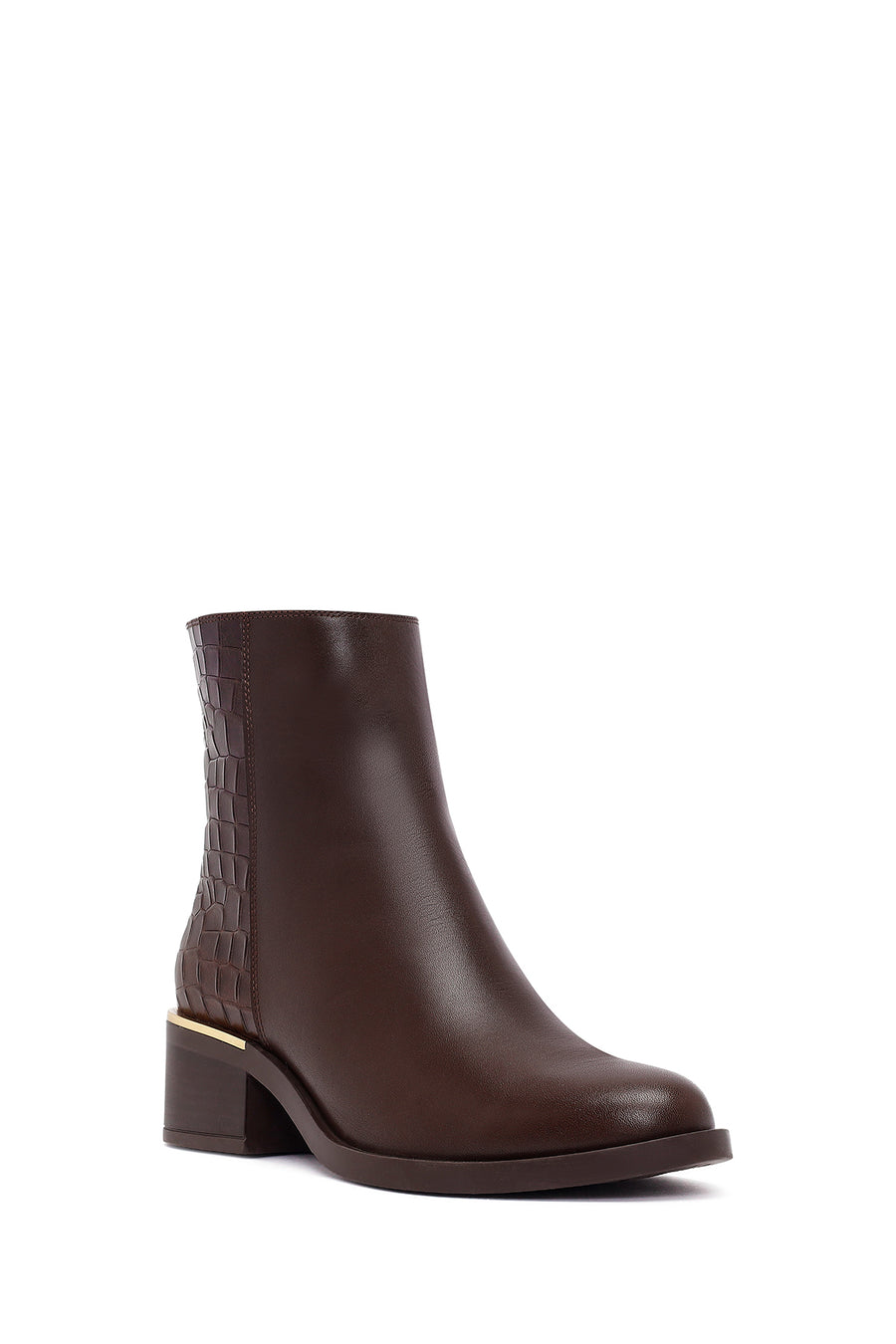 Woman Brown Zip Closure Short Thick Heeled Leather Boots