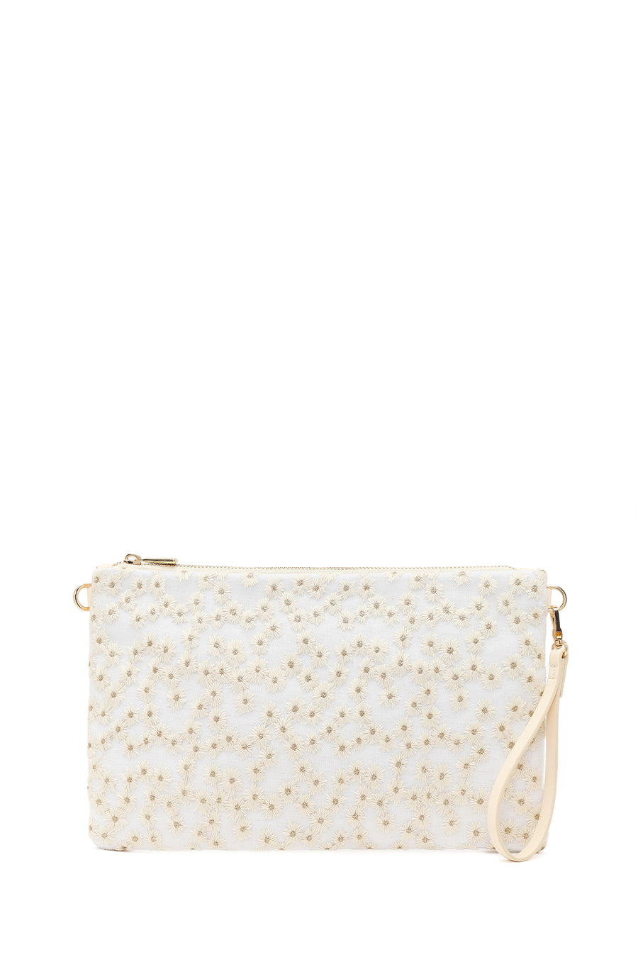 Woman Beige Long Chain Strap Patterned Clutch Bag