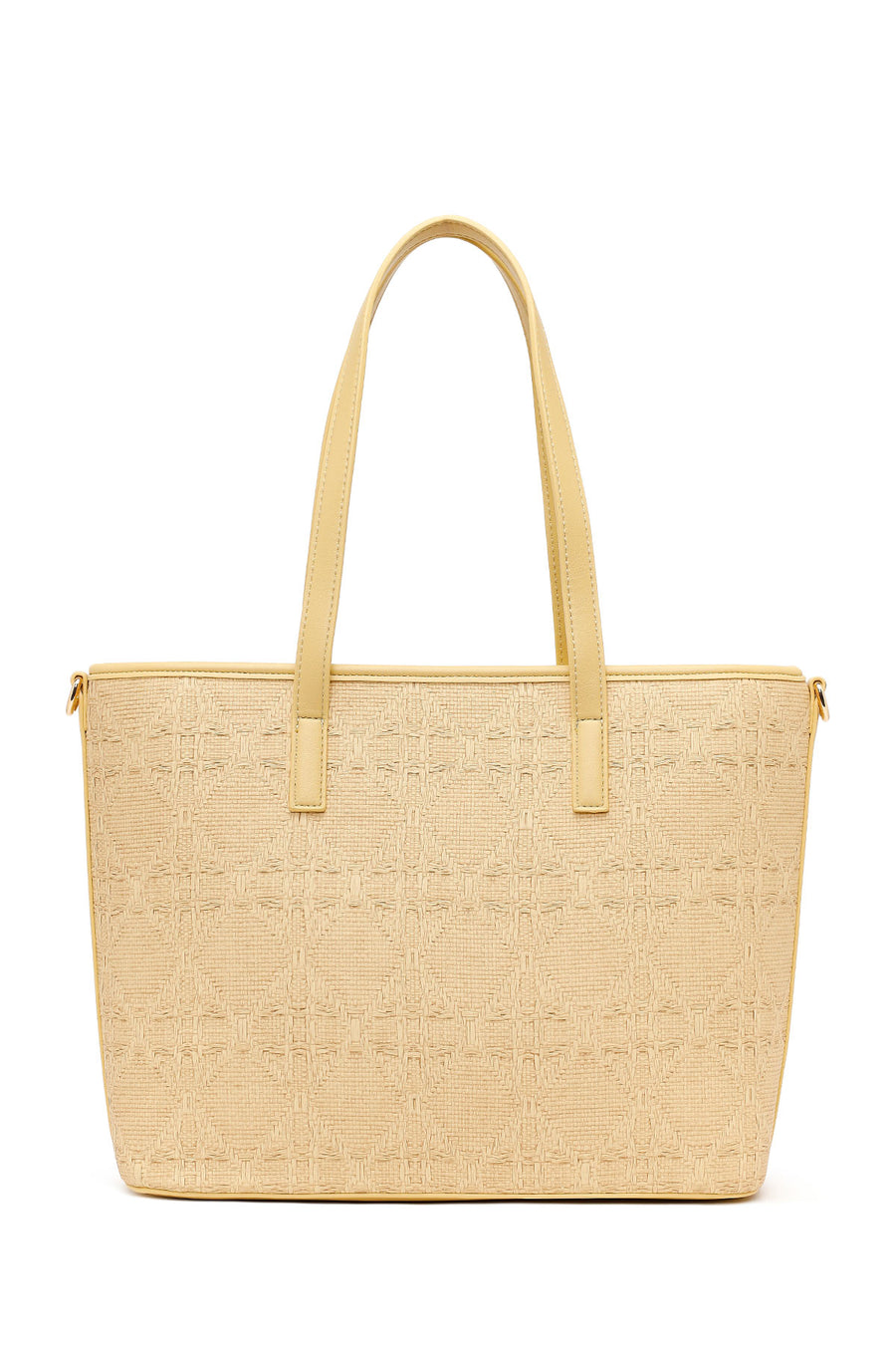 Woman Beige Patterned Wicker Shoulder Bag with Long Strap