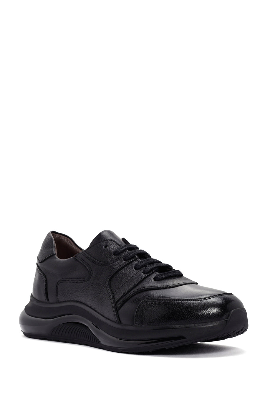 Erkek Siyah Bağcıklı Deri Casual Sneaker