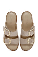 Women's Beige Buckle Suede Leather Slippers | Derimod