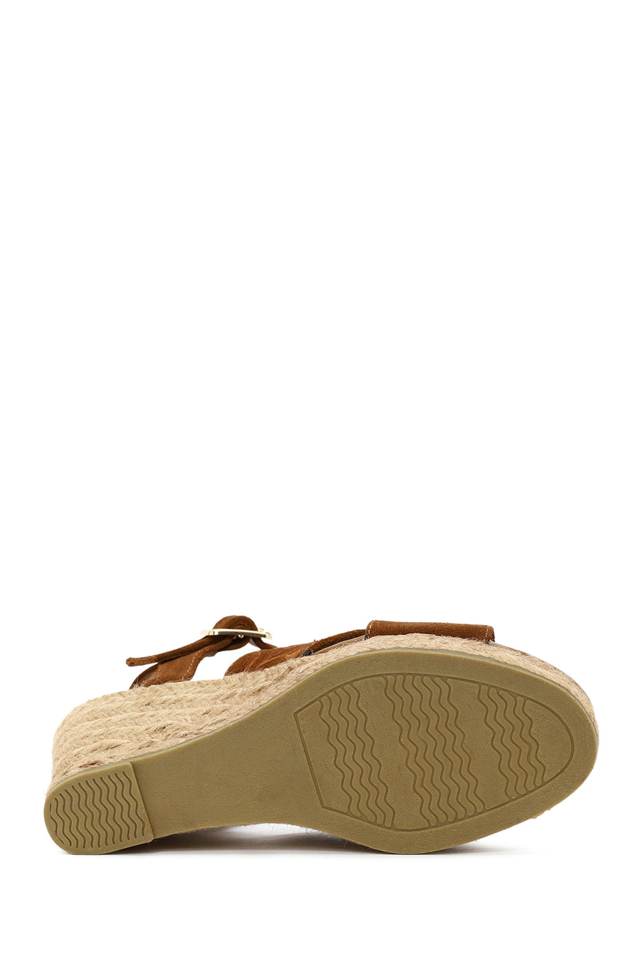 Woman Tan Ankle Buckled Wedge Heel Suede Espadrilles Sandal