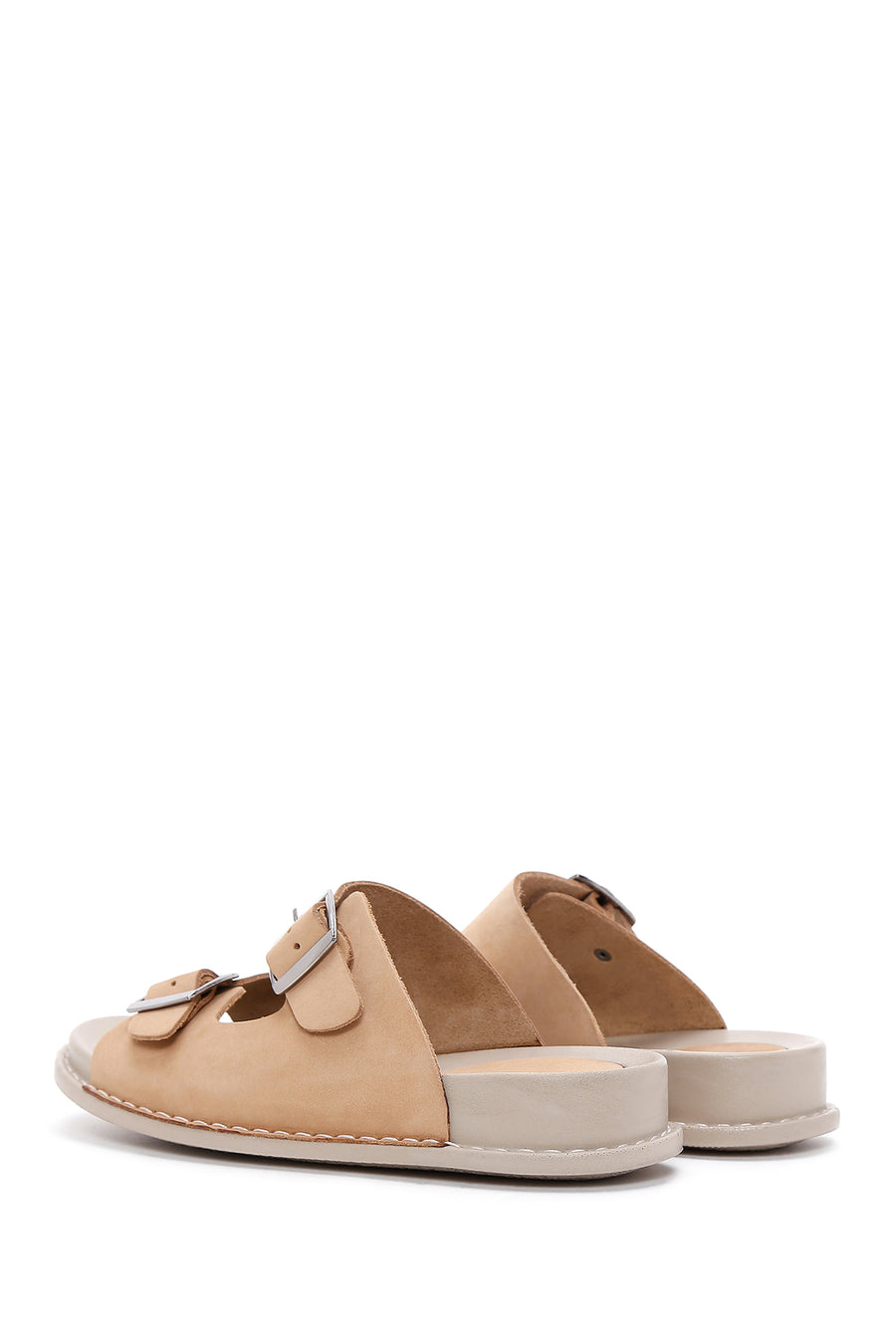 Women's Beige Double Buckled Nubuck Leather Comfort Slippers