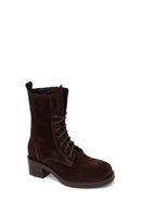 Woman Brown Zip Closure Lace-Up Chunky Heeled Suede Combat Boots | Derimod