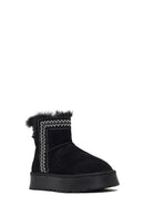 Women's Black Thick-Soled Patterned Suede Leather Teddy Boot | Derimod