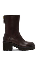 Women's Brown Double Zipper Thick Heel Leather Boots | Derimod