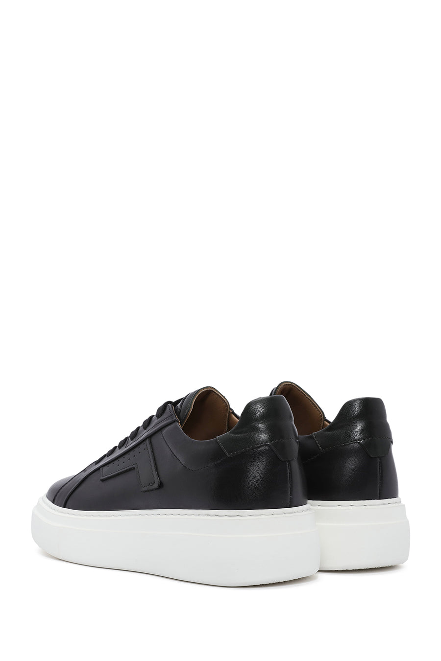 Erkek Siyah Bağcıklı Kalın Tabanlı Deri Sneaker
