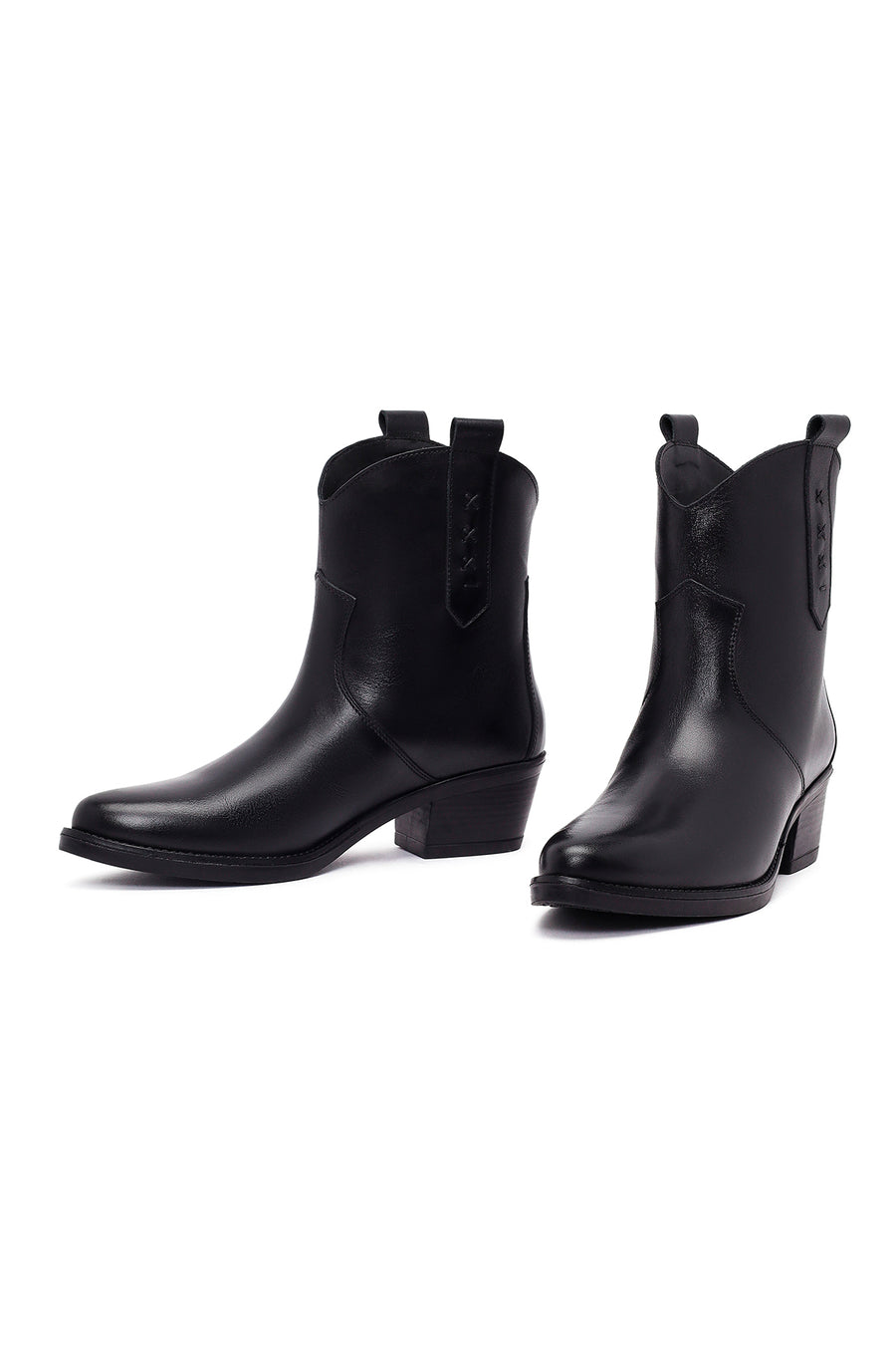 Women's Black Thick Heeled Leather Cowboy Boots