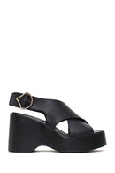 Woman Black Back Buckle Wedge Heel Leather Sandals | Derimod