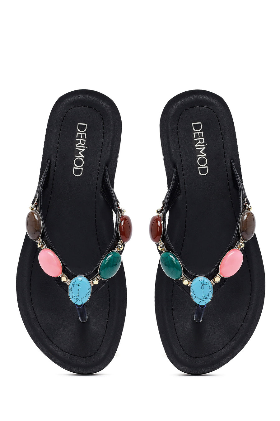 Women's Black Flip Flops with Stones