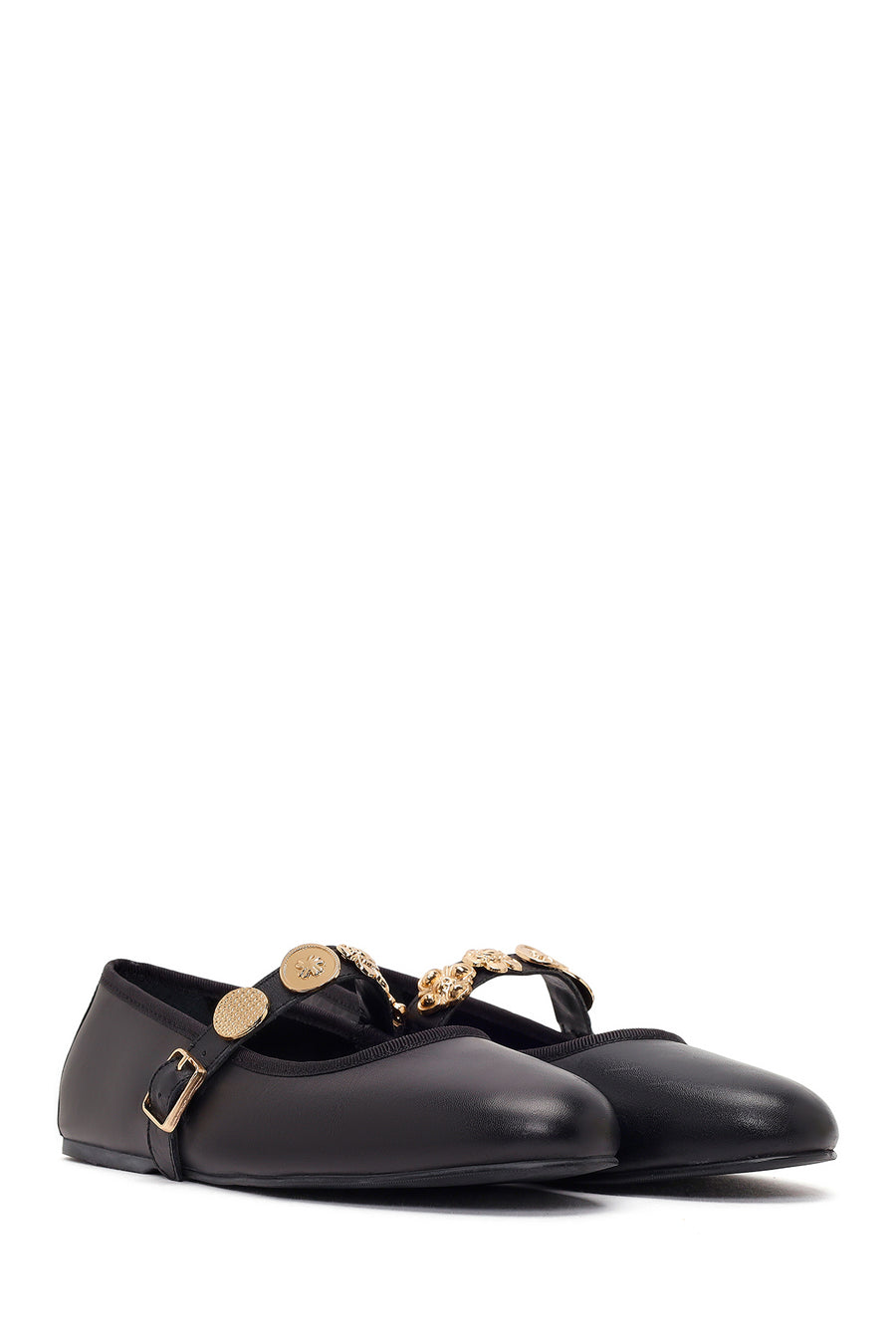 Women's Black Buckle Leather Ballerinas