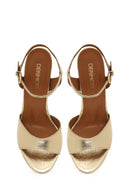 Women's Gold Ankle Buckle Chunky Heel Metallic Leather Sandals | Derimod