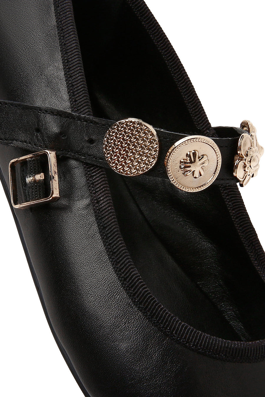 Women's Black Buckle Leather Ballerinas