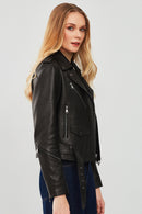 London Women's Black Biker Leather Jacket | Derimod