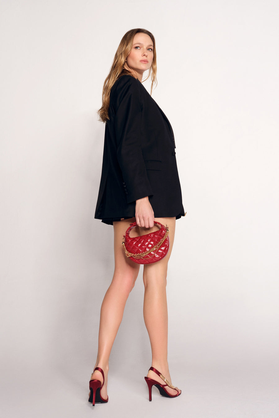 Woman Red Long Strap Quilted Mini Evening Bag