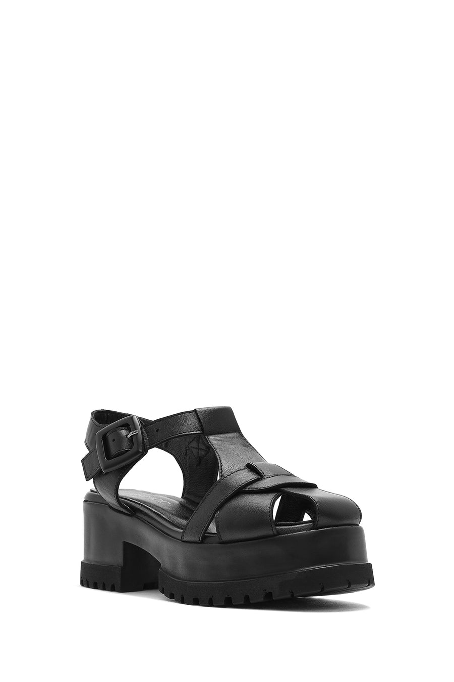 Women's Black Ankle Strap Thick-Sole Leather Sandals