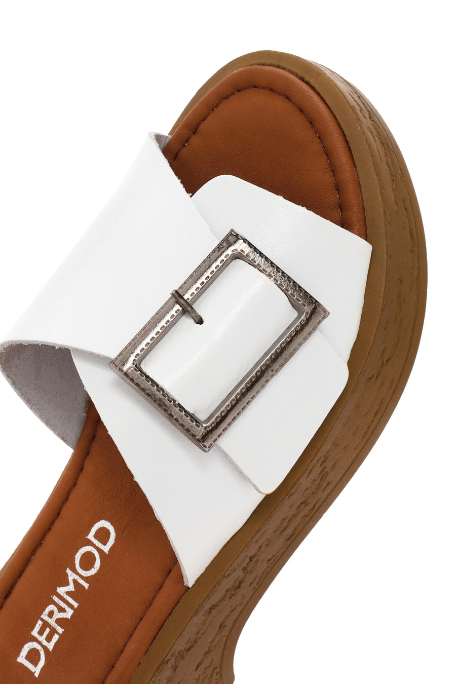 Women's White Buckle Leather Slippers