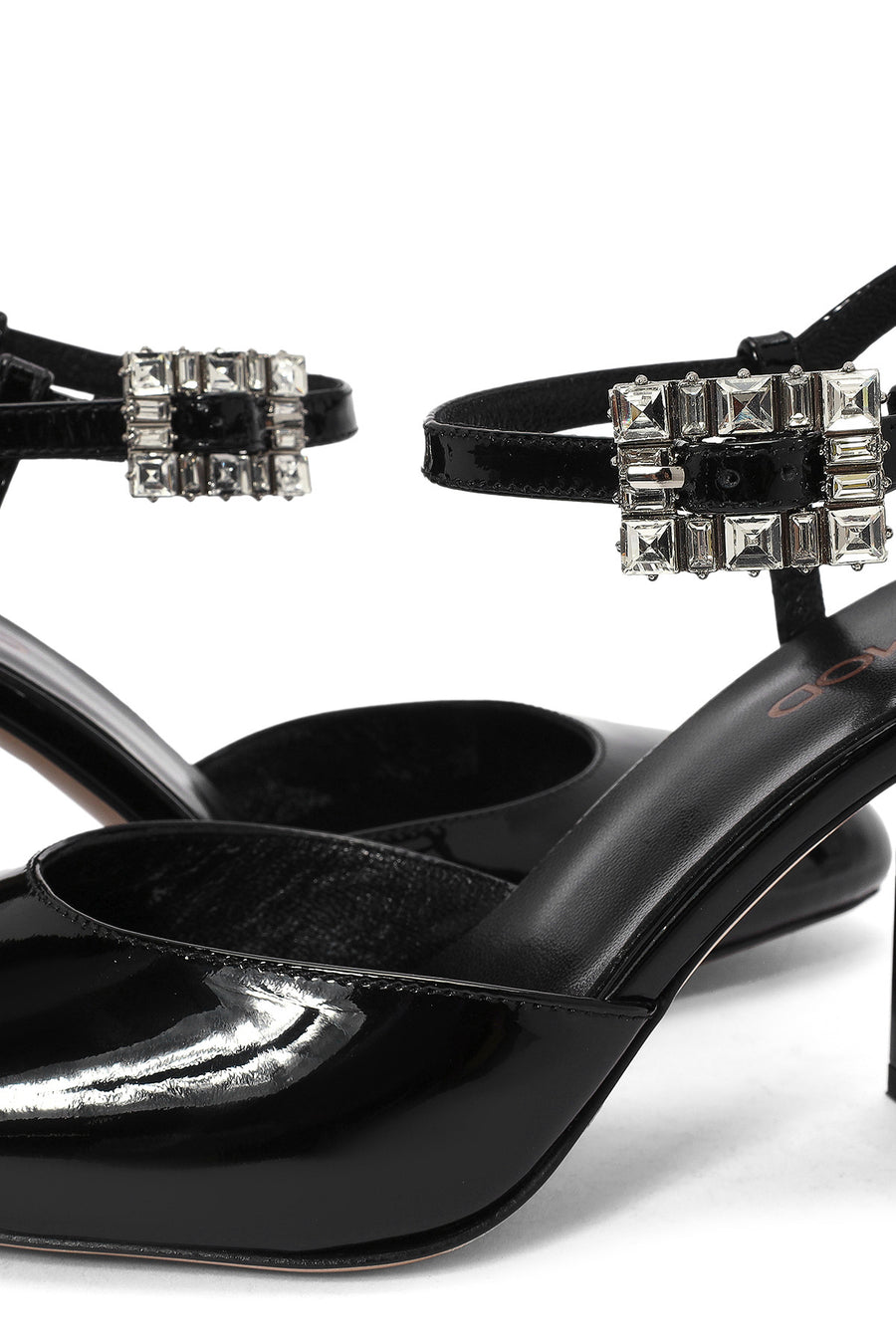 Women's Black Ankle Strap Stoned Thick Heel Leather Shoes