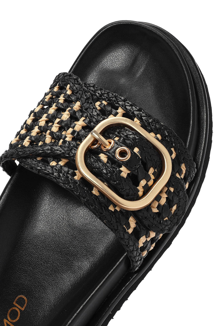 Women's Black Buckled Straw Leather Slippers