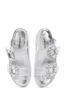 Women's Silver Leather Stone Transparent Slippers | Derimod