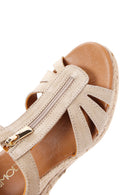 Women's Beige Zippered Wedge Heels Suede Leather Espadrilles | Derimod