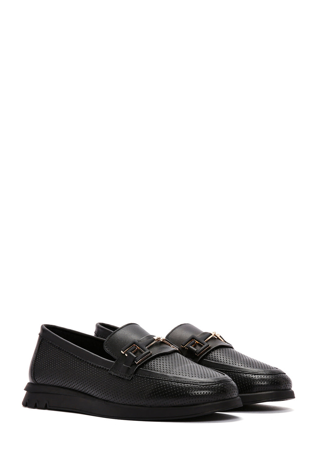 Kadın Siyah Tokalı Deri Comfort Loafer