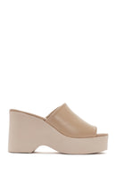 Women's Beige Wedge Heeled Leather Slippers | Derimod