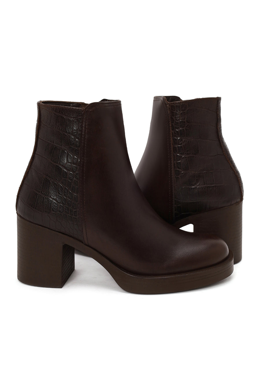 Woman Brown Zip Closure Croc Patterned Platform Chunky Heeled Leather Boots