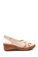 Women's Beige Leather Wedge Heel Comfort Sandals | Derimod